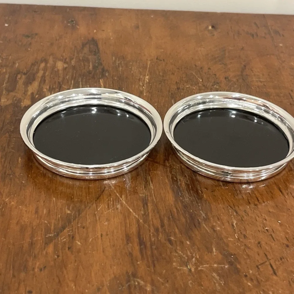 2 Vintage Unmarked Sterling Silver Round Drink Coasters Black Formica Center 3.5